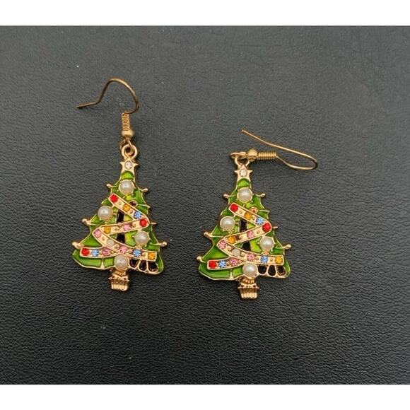 Colorful Rhinestone & Faux Pearl Gold Tone Christmas Tree Dangle Earrings - Picture 1 of 4